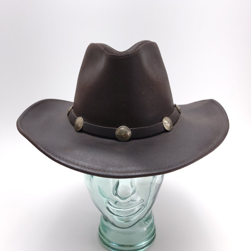 Henschel Hat Co. Brown Leather‎ Western Buffalo Nickel Coin Banded Hat Sz M